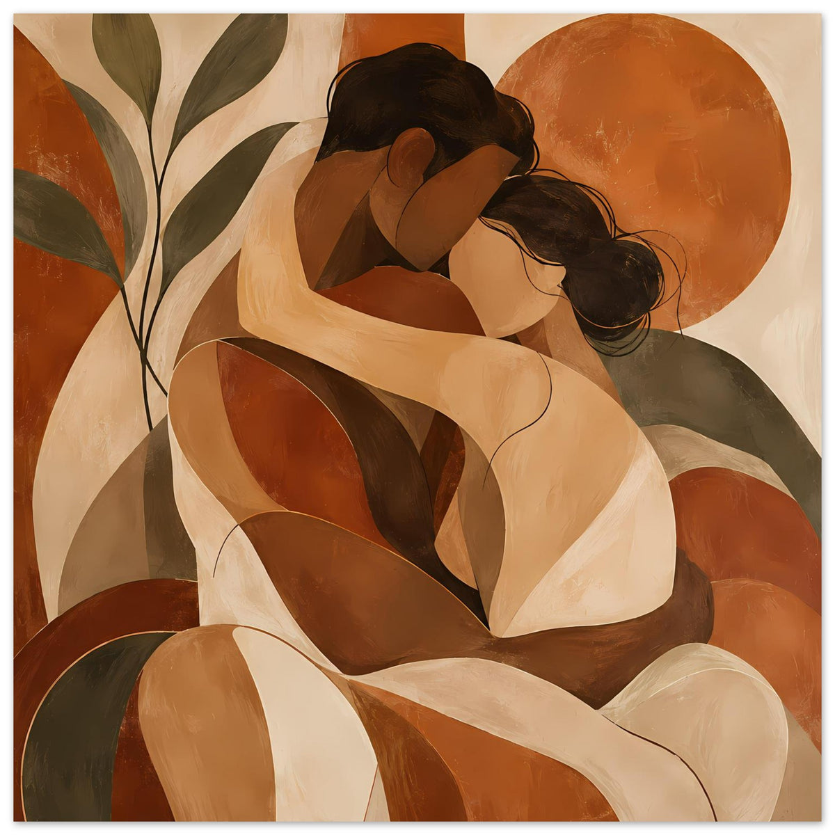 Poster Nahansicht abstrakte Umarmung: Frauenfiguren in Terrakotta, Beige und Olivgrün.