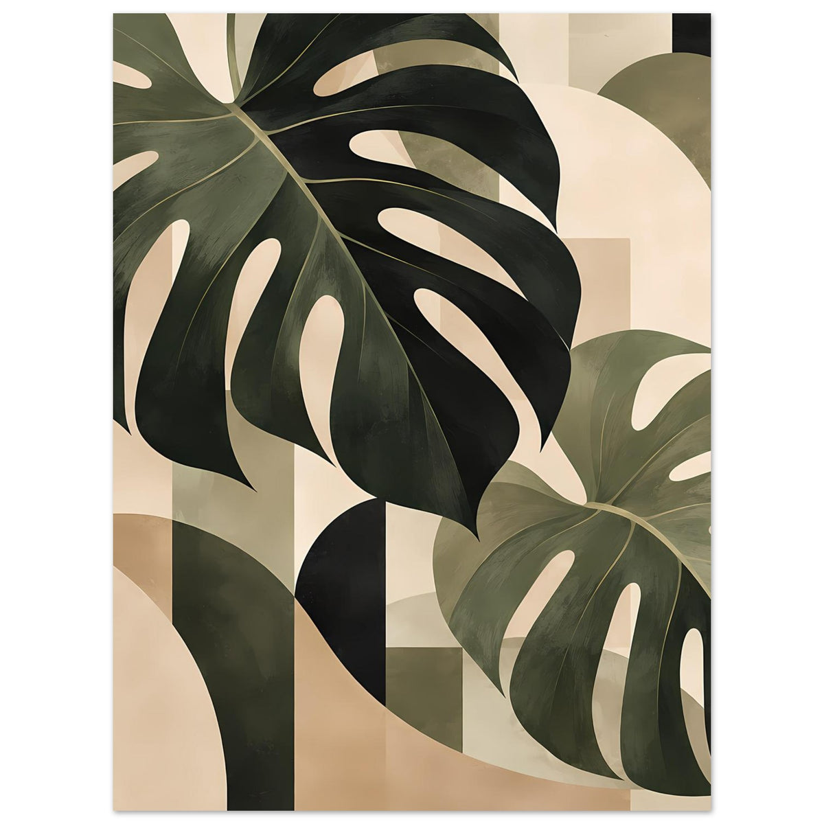 Botanik-Poster, rechteckiger Druck mit Monstera-Blättern in Salbeigrün, Beige und Dunkelgrün/Schwarz