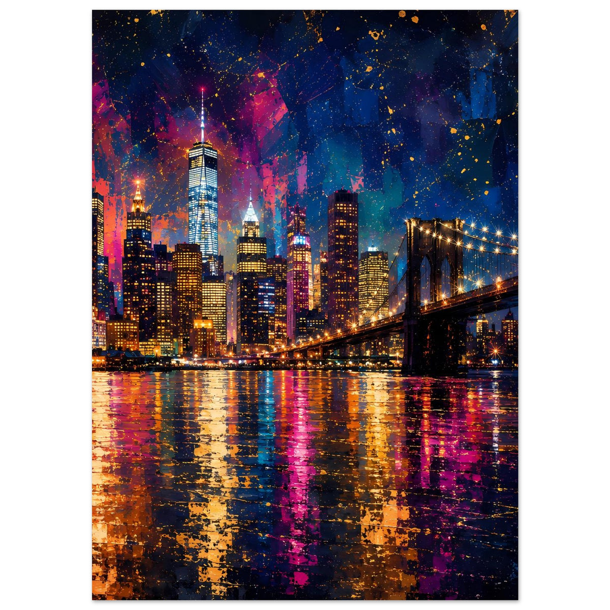 Wanddruck mit Skyline und Hängebrücke bei Nacht, leuchtende Fenster und Farbspritzer