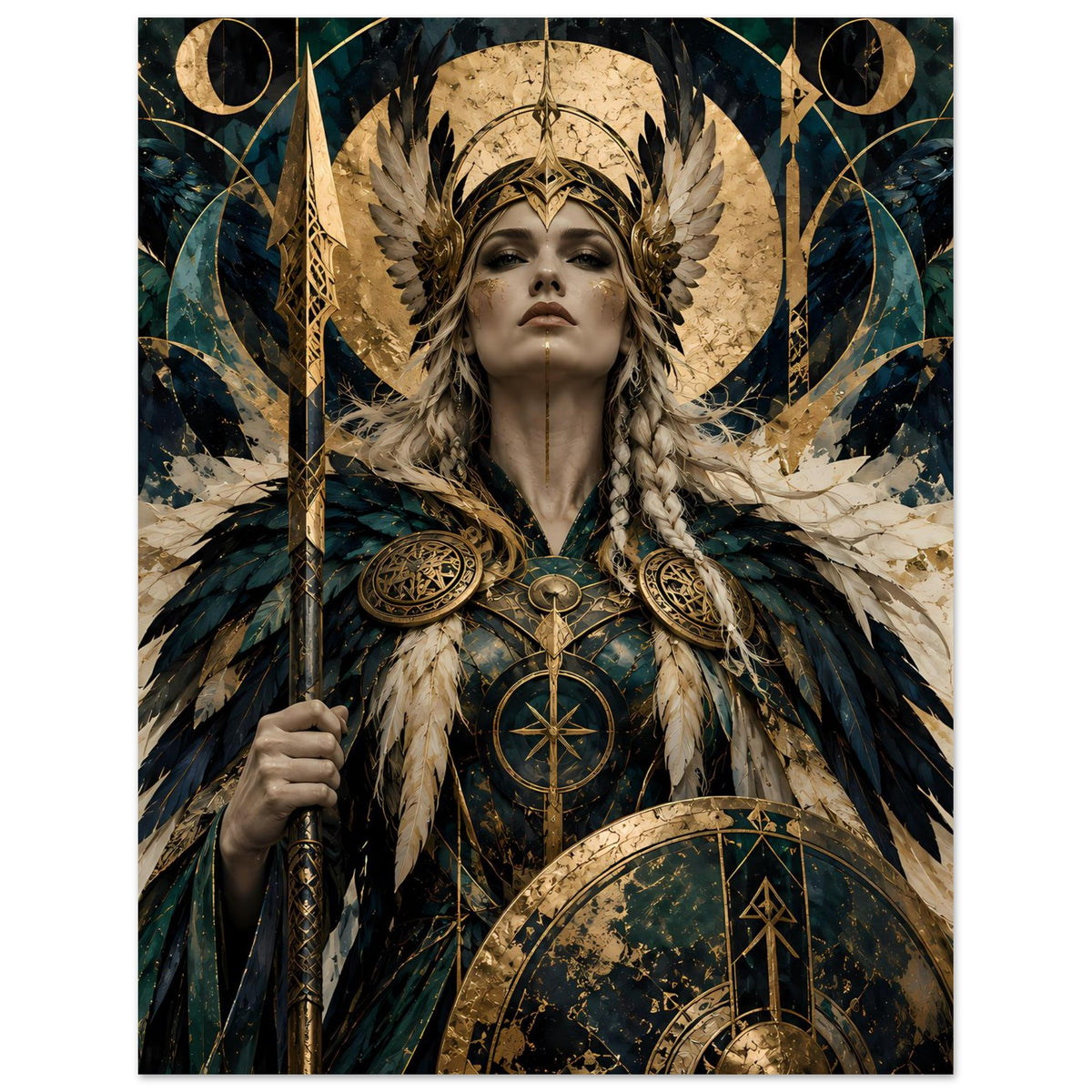Mystisches Wikinger-Poster: Kriegerin mit Federkranz, Flügeln, Speer und Schild in Petrol/Gold