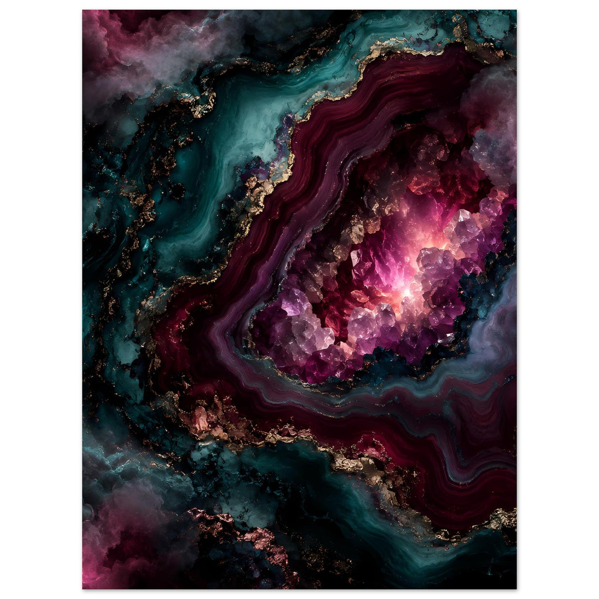 Poster im Hochformat mit weißem Rand: Amethyst-Geode, violett-türkise Schlieren und goldene Akzente