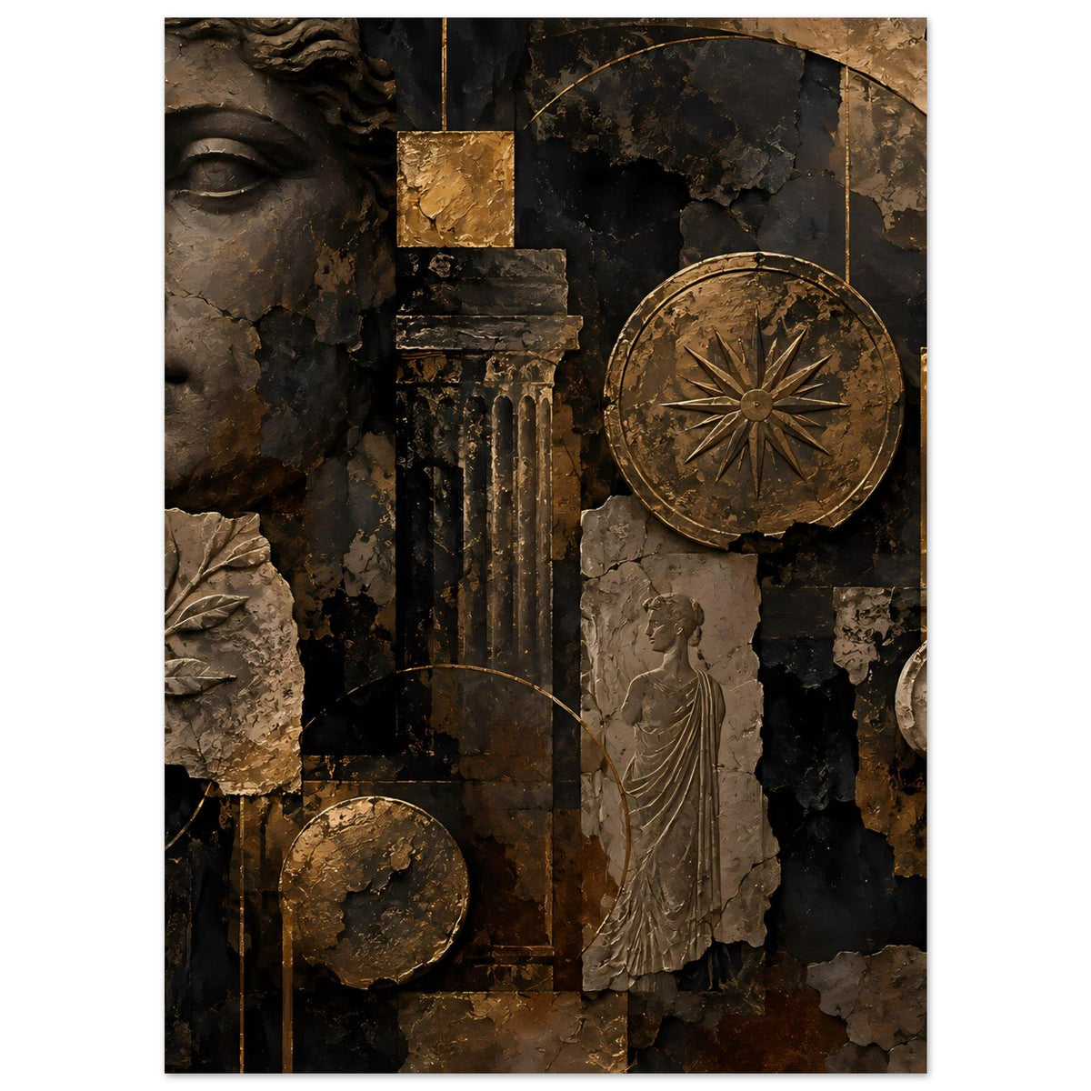 Wandposter mit antikem Gesicht, Bronzekreisrad, Säule, Figur und Blattornamenten