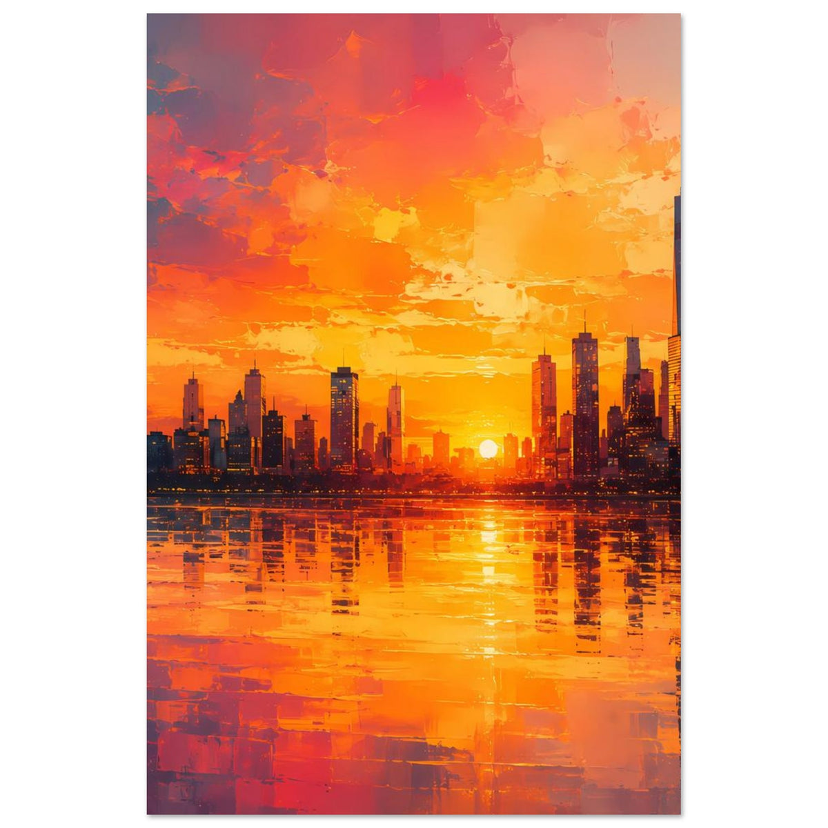 Poster mit Großstadt-Skyline bei Sonnenuntergang und spiegelnder Wasseroberfläche, warmes Rot.