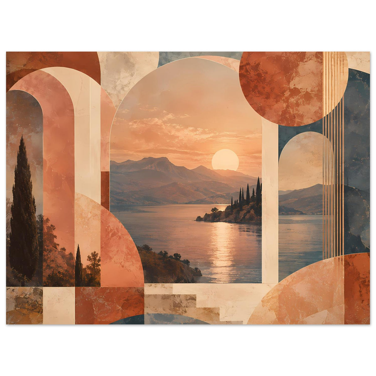 Abstraktes Poster mit Sonnenuntergang über See, warmen Erdtönen, Kreisen und Bögen