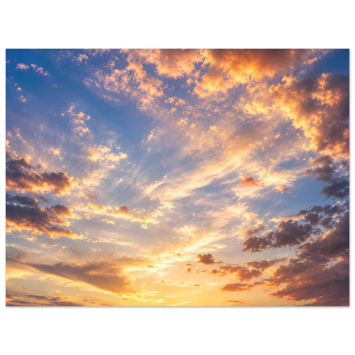 Poster im Querformat mit Sonnenuntergang, orange-gelbem Licht und ausgedehnten Wolken.