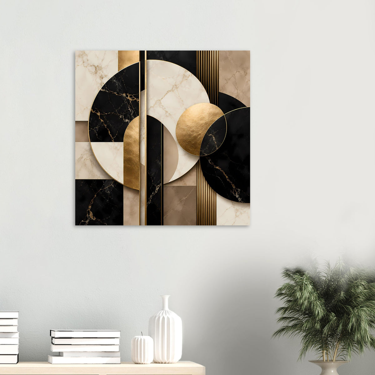 Geometrisches Marmor-Gold-Poster, Wandansicht: goldene Kreise, schwarzer Marmor und vertikale Linien