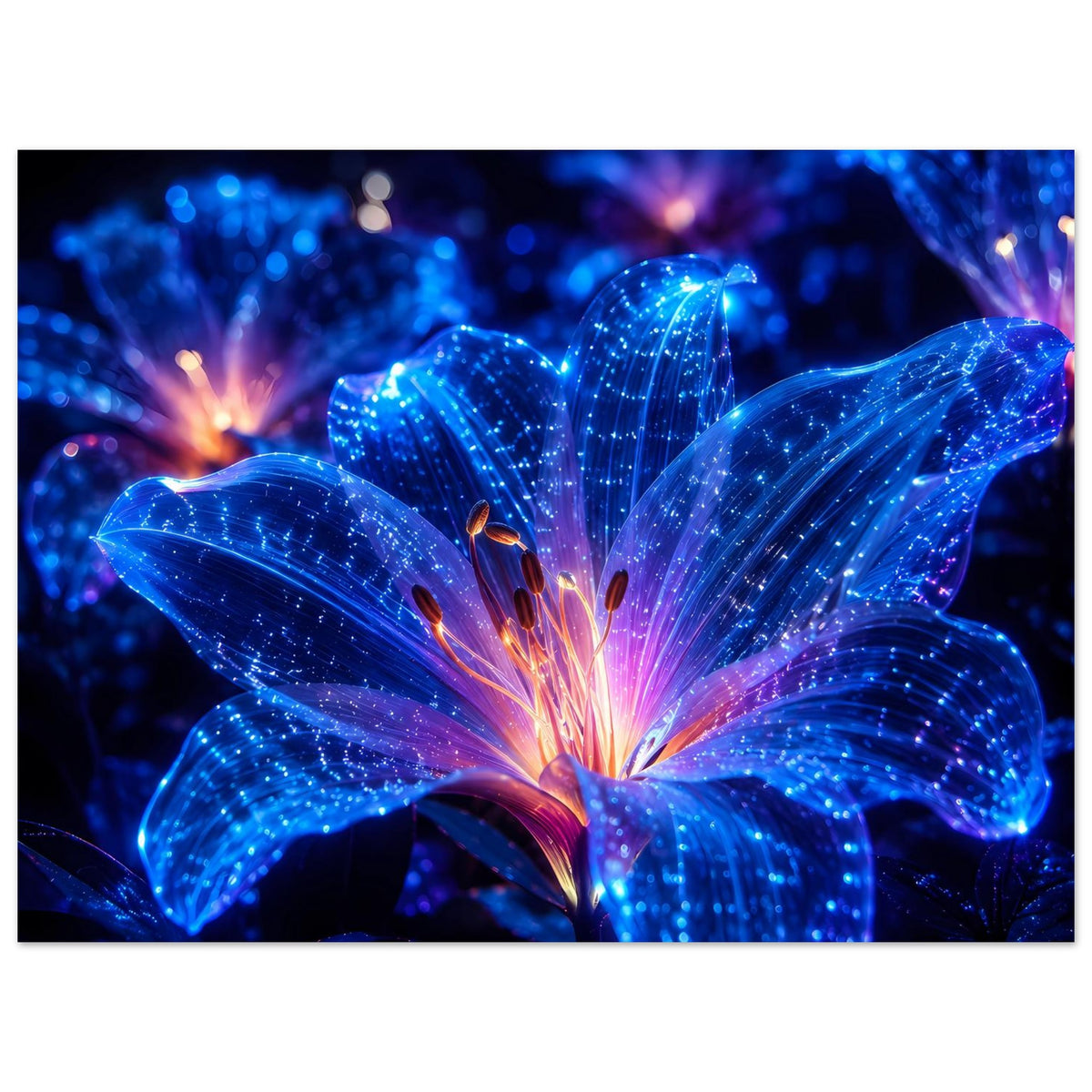 Leuchtendes Blumenposter mit blau funkelnenden Blütenblättern und violettem Licht