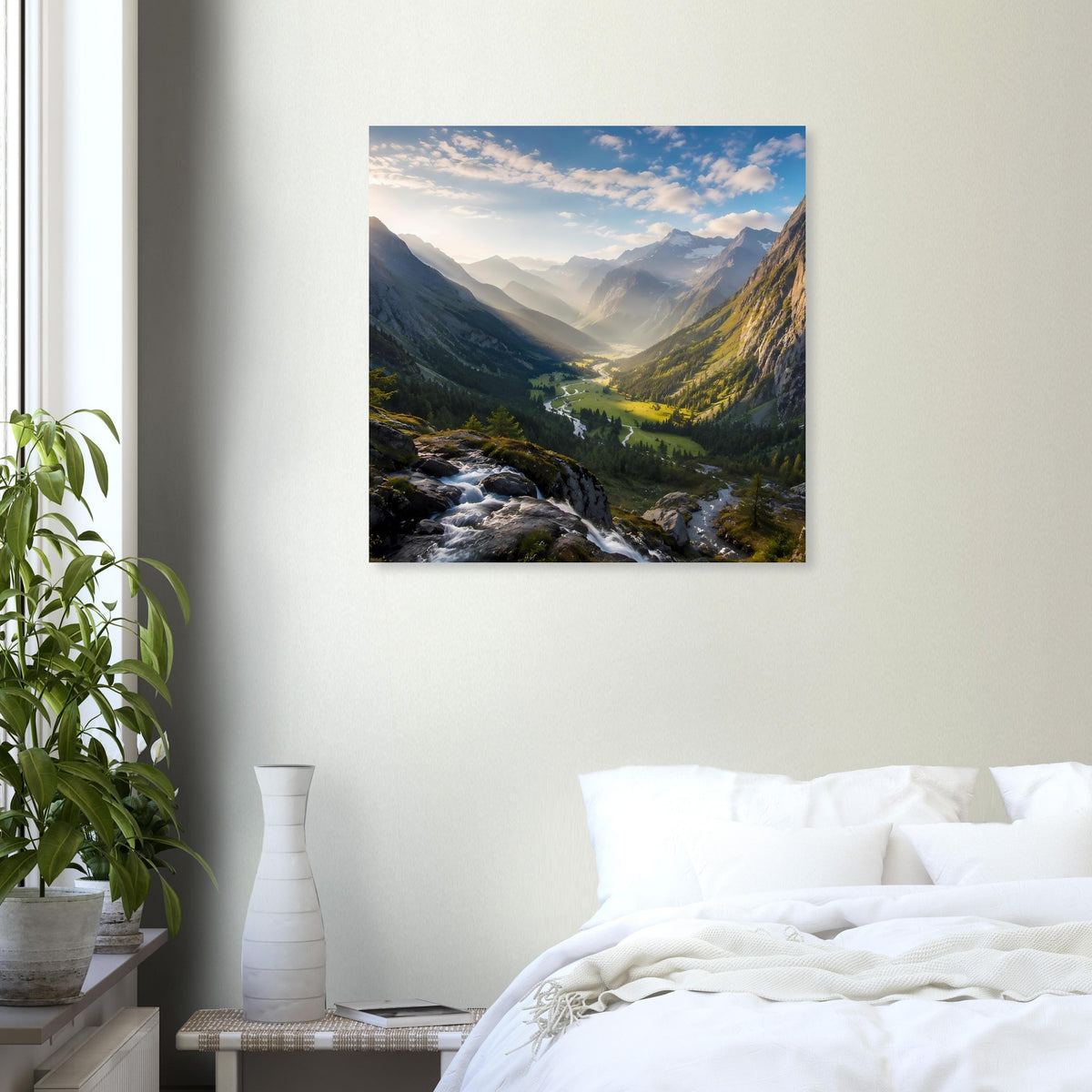 Gerahmtes quadratisches Poster mit Alpen-Bergtal, Bachschlucht und Sonnenlicht