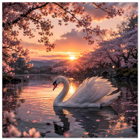 Schwan auf spiegelndem Wasser im Sonnenuntergang zwischen Kirschblütenzweigen