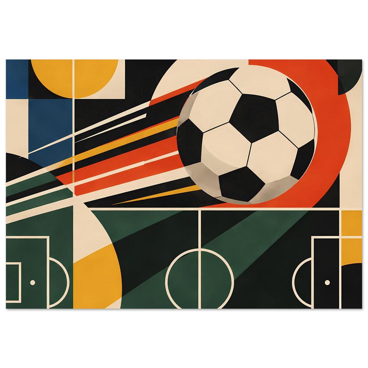 Geometrisches Fußballkunstposter mit Fußball, abstrakten Formen und weißen Torrahmen