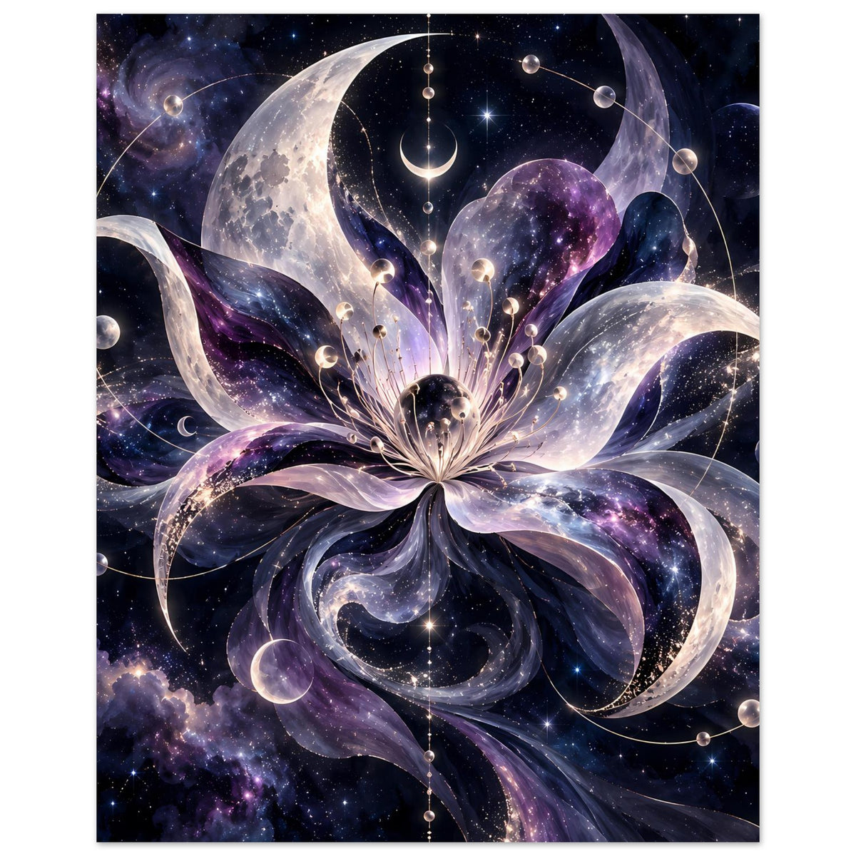 Kosmische Blüte mit Monden, Planeten und Sternen in violett-blauem Weltraum – Motivansicht 17