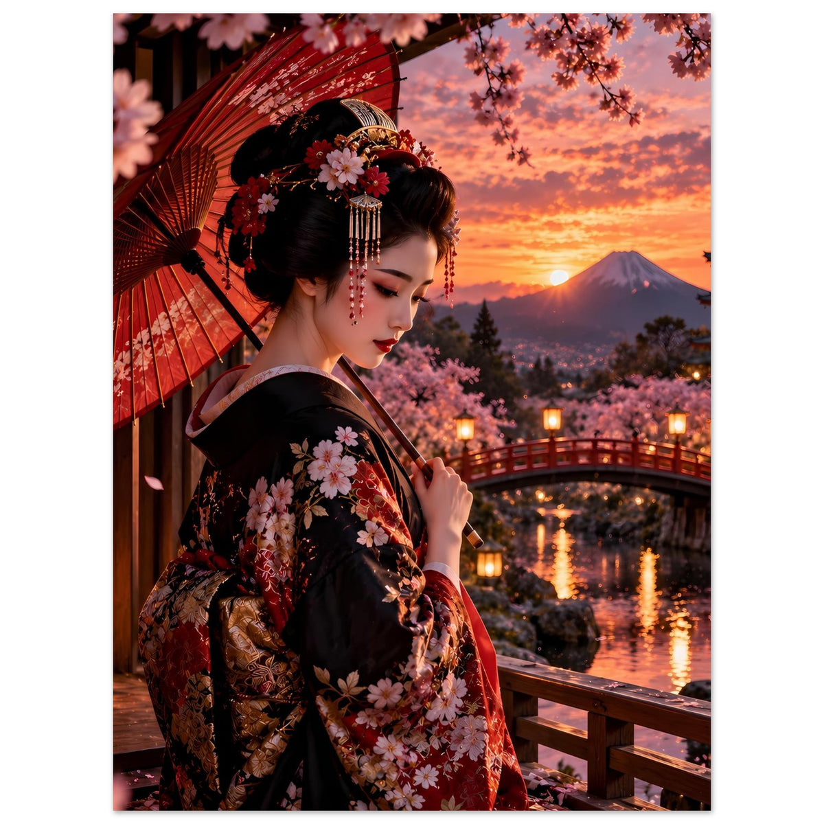 Poster mit japanischer Frau im Kimono mit Kirschblüten, roter Schirm und Berg im Hintergrund