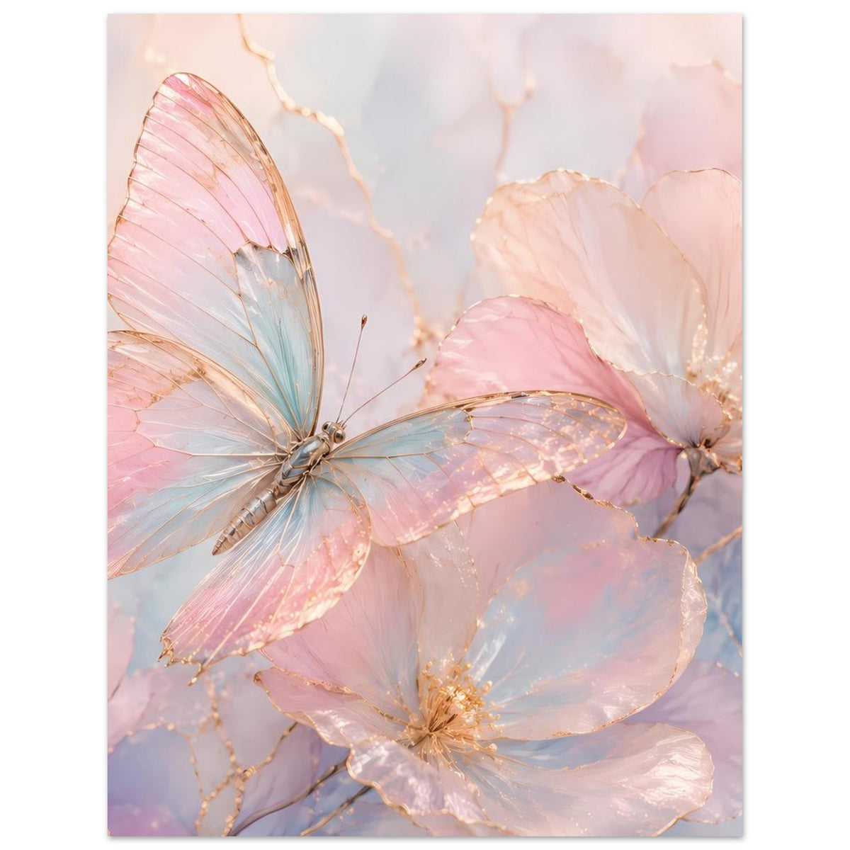 Hochformat-Poster mit Aquarell-Schmetterlingen in Pastellfarben und goldenen Details