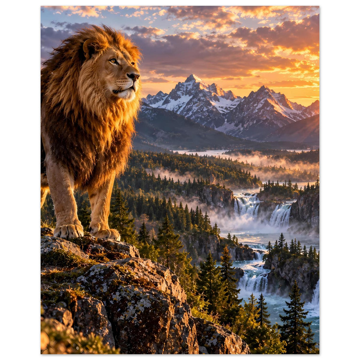 Poster im Hochformat mit Löwe links und Bergpanorama mit Sonnenaufgang