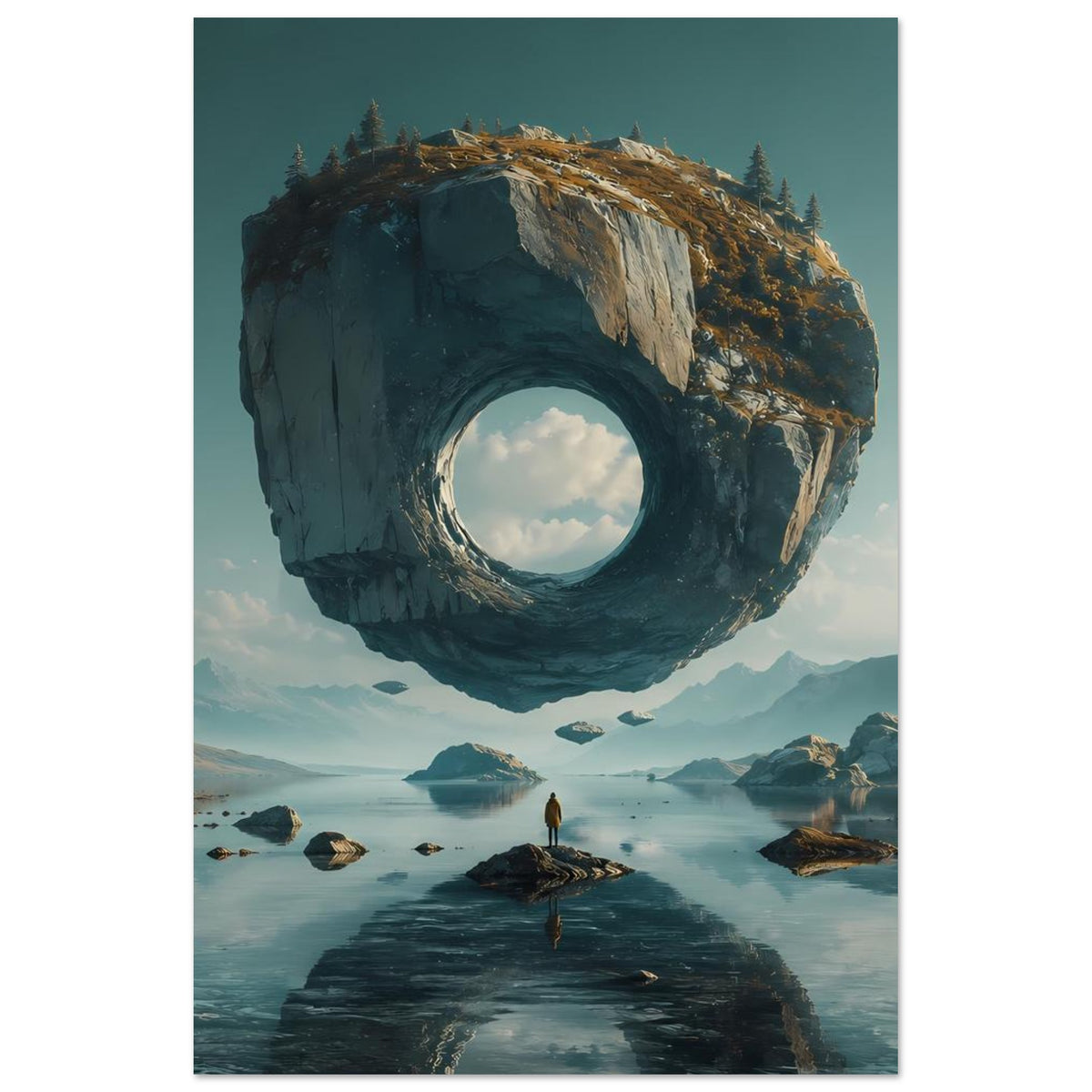 Surreales Poster mit schwebendem Felsring, See-Landschaft, Steinen im Vordergrund