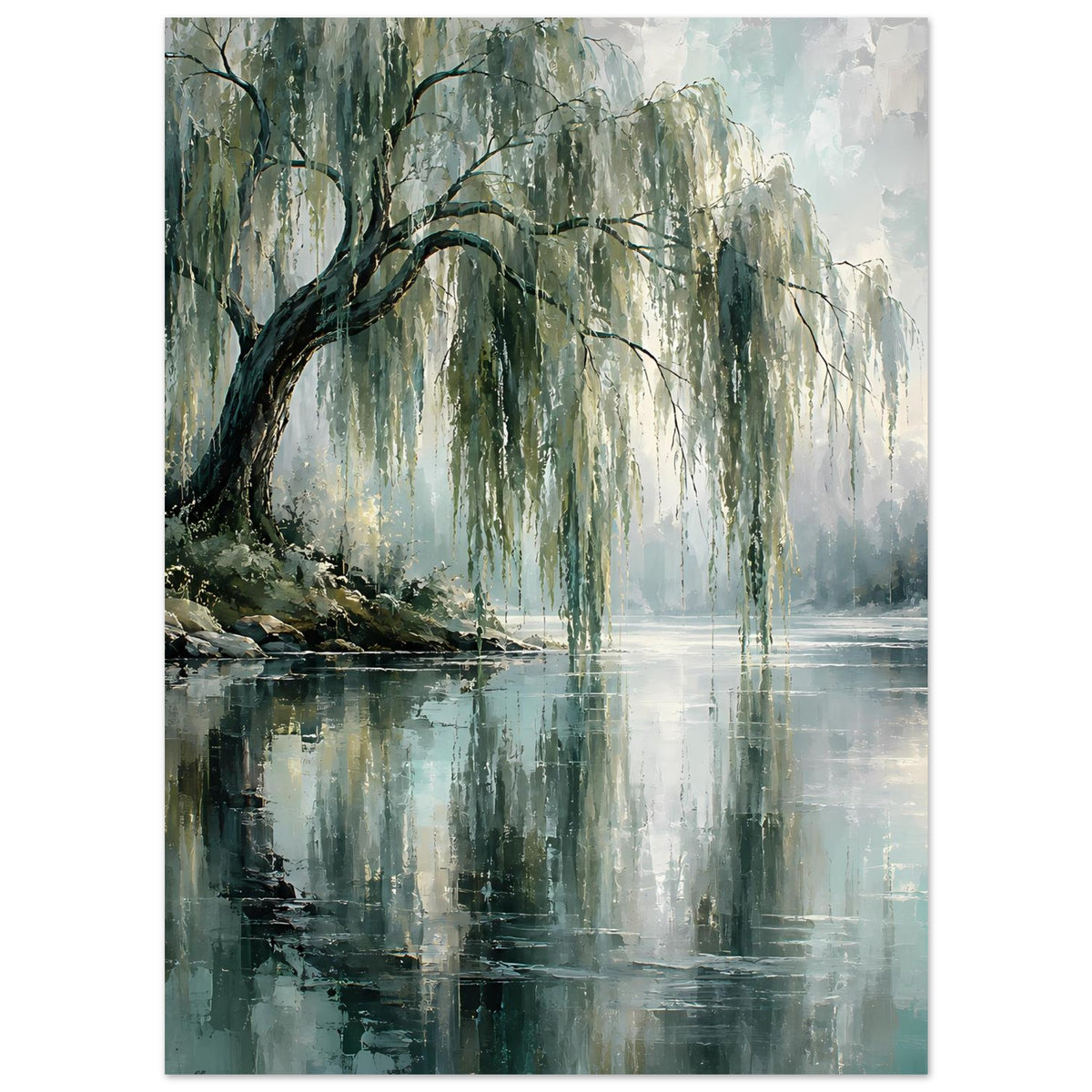 Poster mit Weiden am Seeufer, verschränkten Ästen und klarer Spiegelung