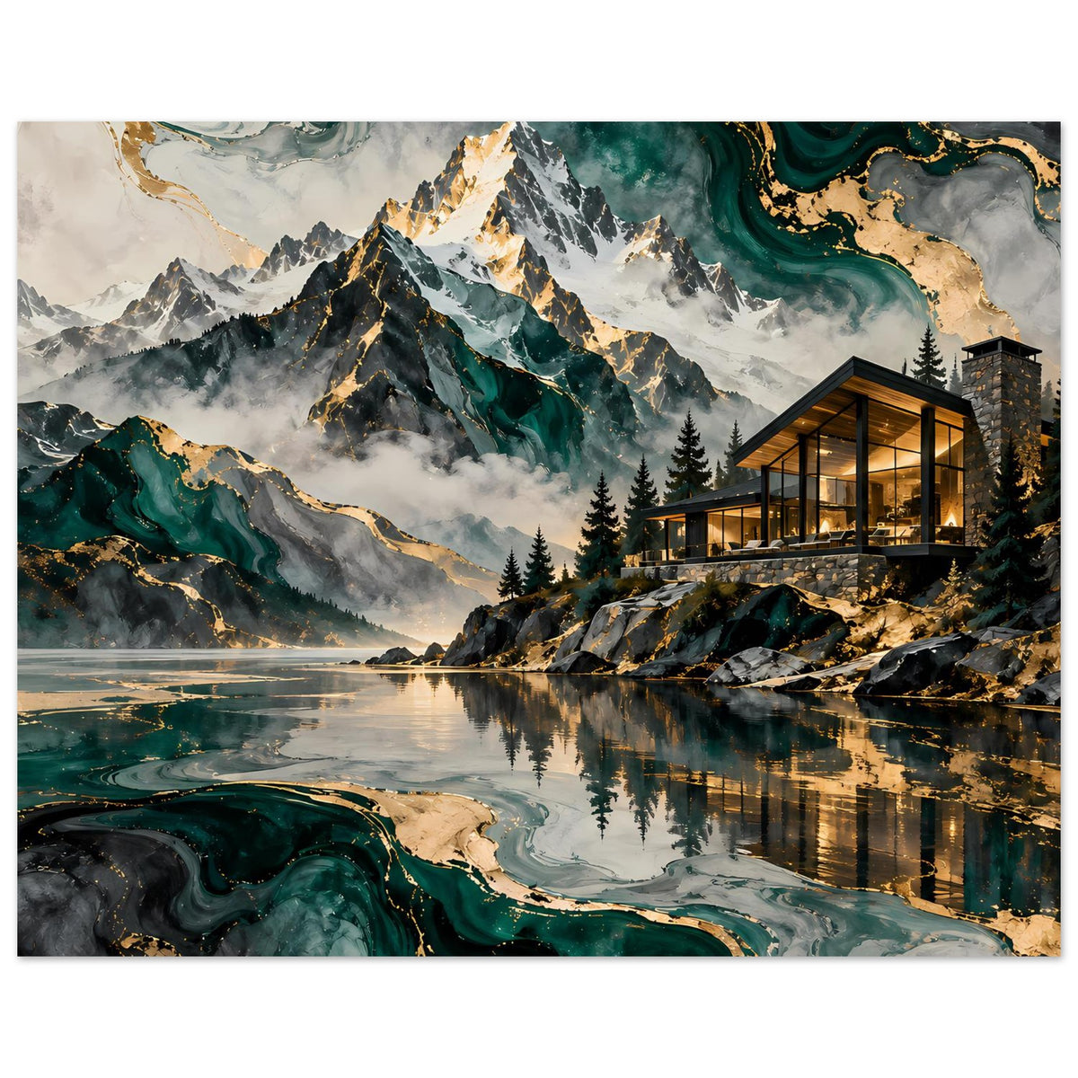 Berglandschafts-Poster mit reflektierendem See, Gipfeln mit Schnee, Nadelwald und beleuchtetem Chalet; goldfarbene Akzente.