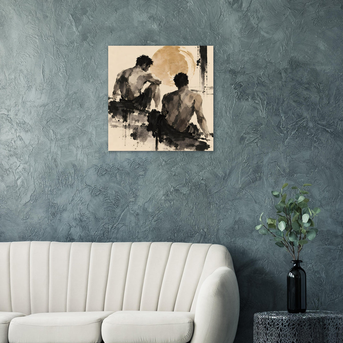 Figuratives Kunstposter mit zwei Personen in warmem Sepia und schwarzer Pinselmalerei, gerahmt