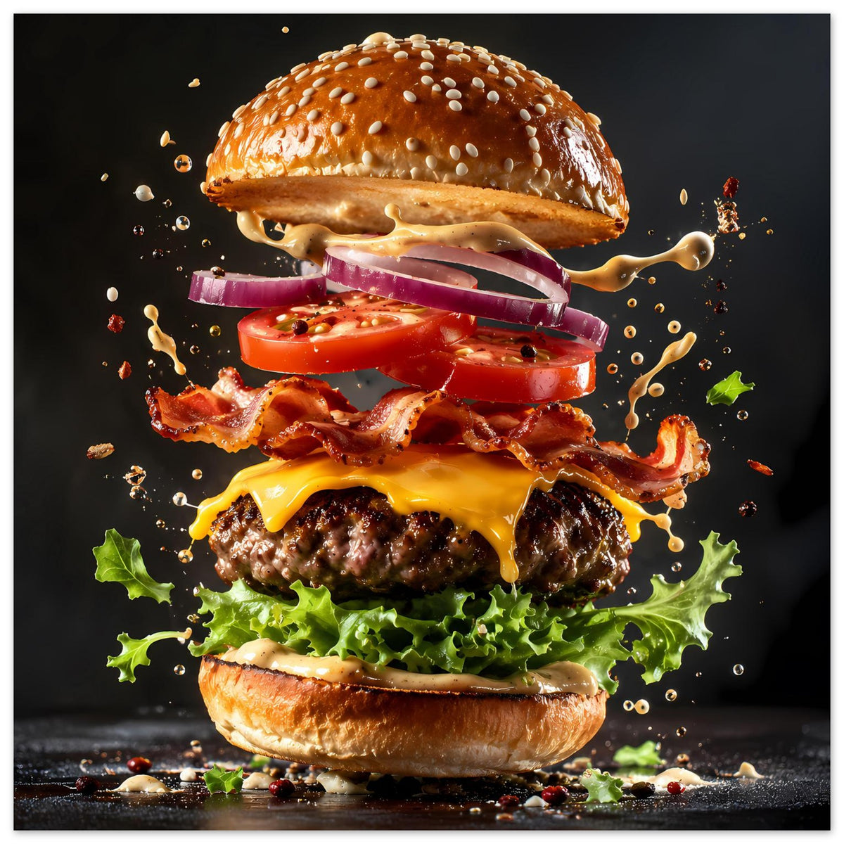 Burger-Poster im Hochformat: spritzender Burger mit Käse, Speck und Salat