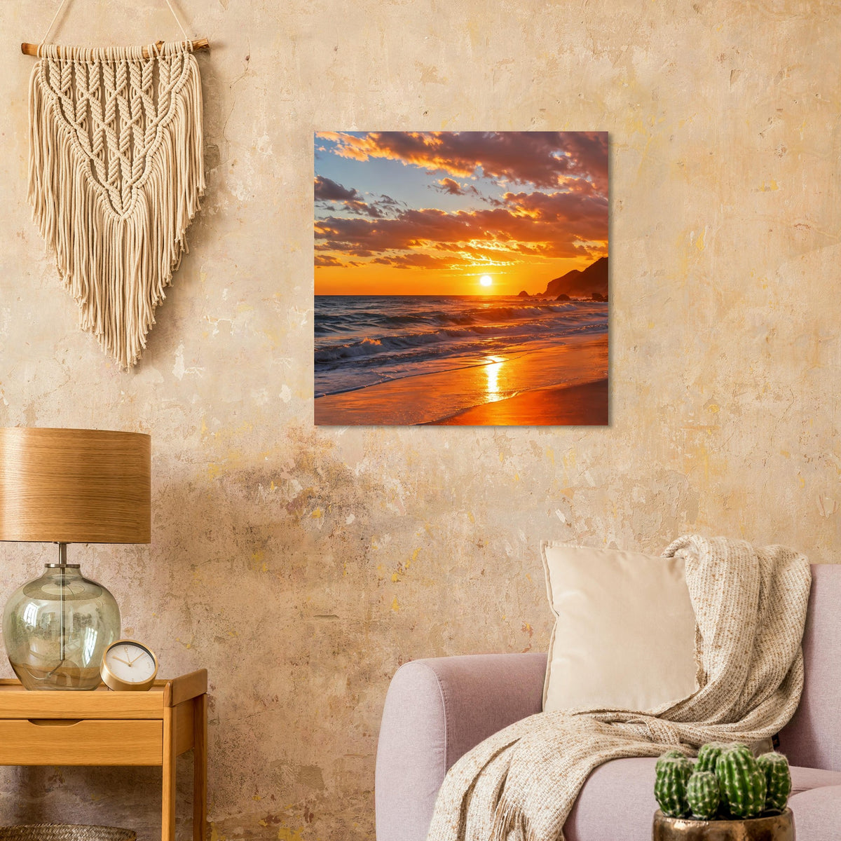 Quadratisches Poster im Holzrahmen: Sonnenuntergang am Strand mit orangefarbenem Himmel