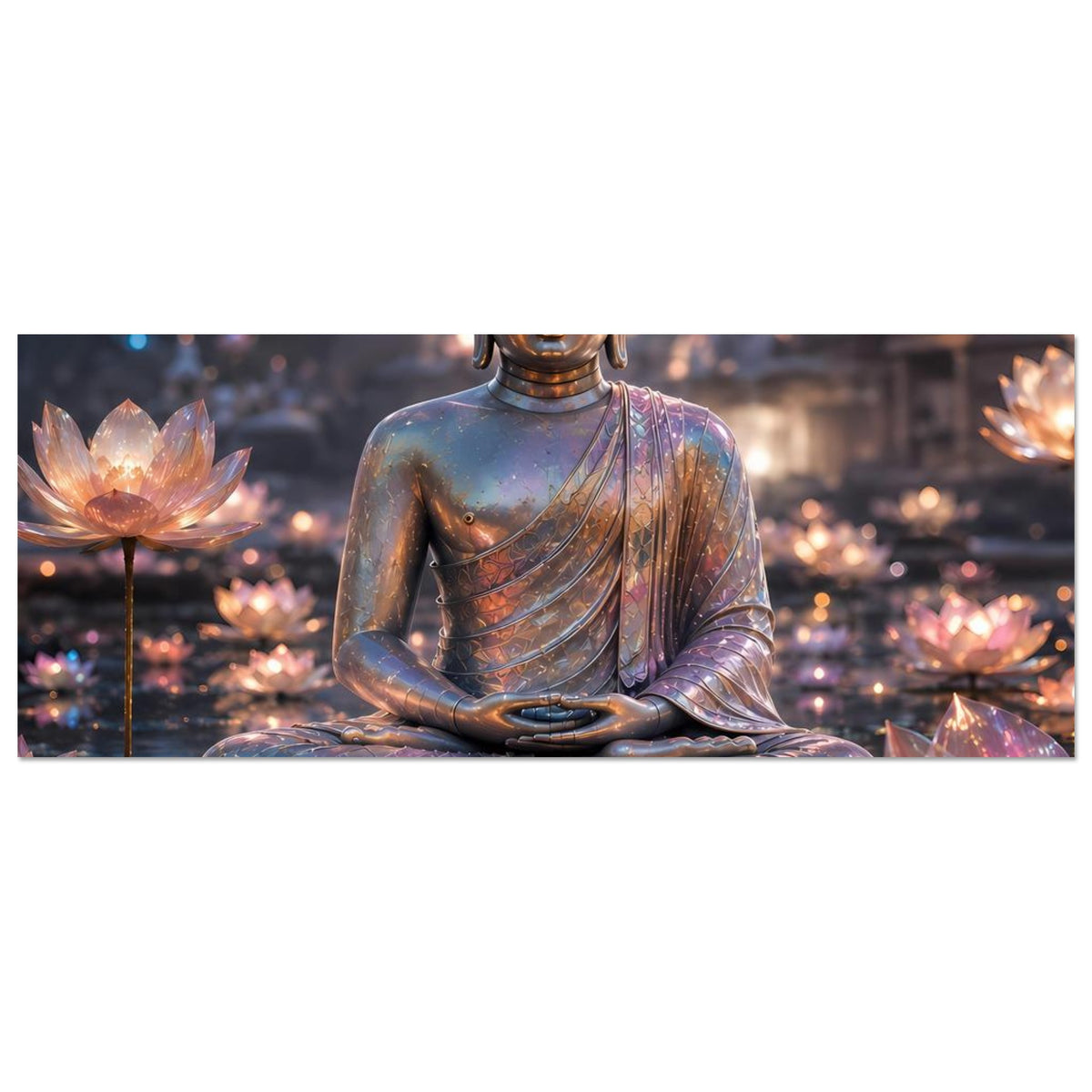 Buddha-Meditationsposter im Querformat: sitzender Buddha zwischen leuchtenden Lotusblüten