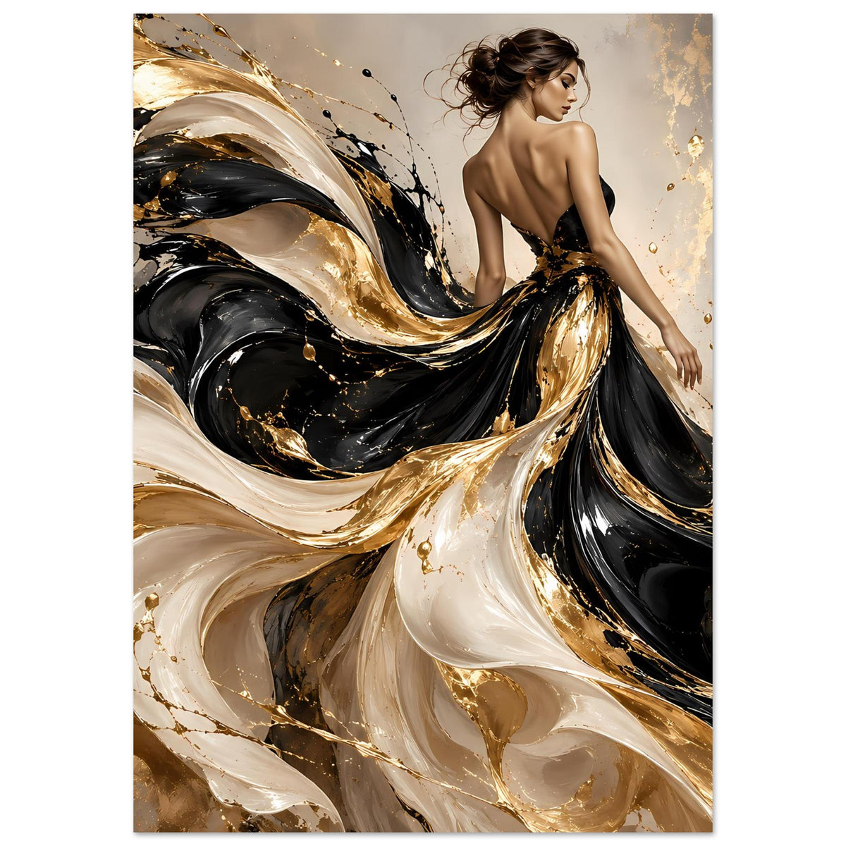 Kunstposter im Hochformat mit Rückenakt-Figur und goldenen Wirbel-Highlights
