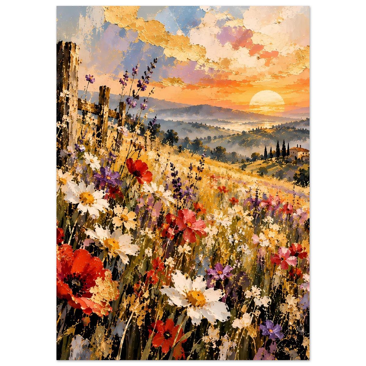 Landschaftsposter mit blühender Sommerwiese und Mohnblumen im Abendrot