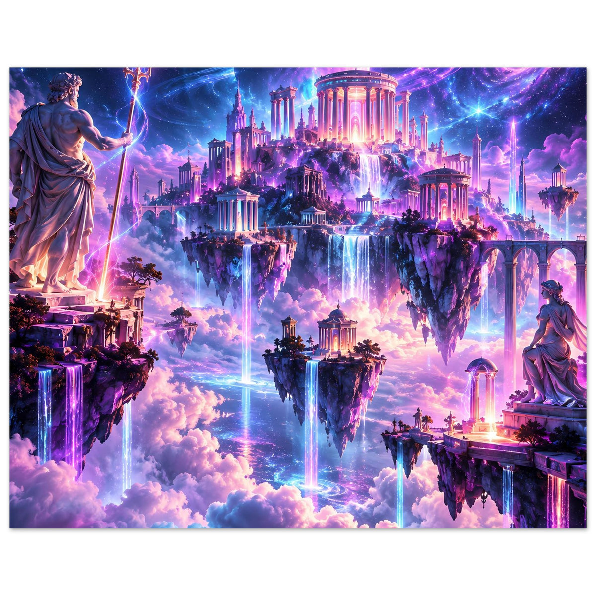Fantasy-Poster, quer: schwebende Inseln mit Tempeln, violetten Wasserfällen und Figuren