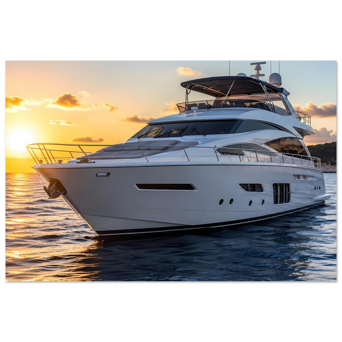 Poster einer weißen Yacht mit Aufbauten, beleuchtet im warmen Sonnenuntergang