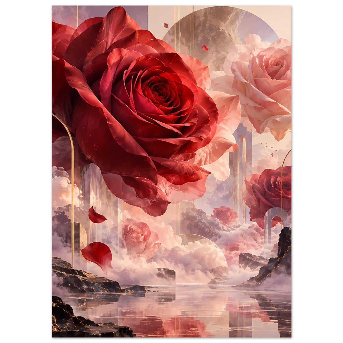 Kunstposter mit roter Rose vorne, rosafarbenem Rosenkranz rechts und Himmelswolken