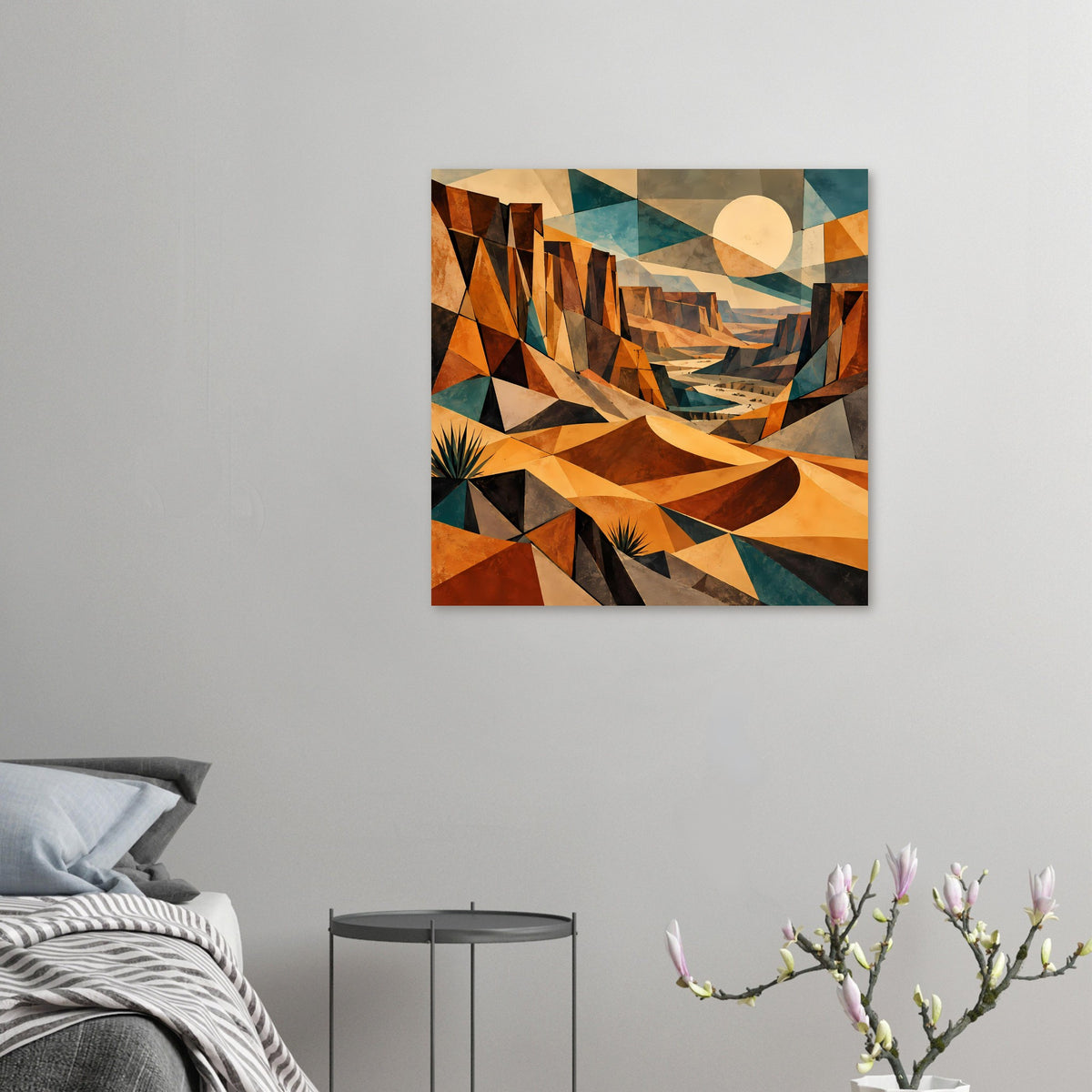Wüstenlandschaft-Poster im Querformat, klein: geometrisches Wüstendesign in warmen Erdtönen, gerahmt.