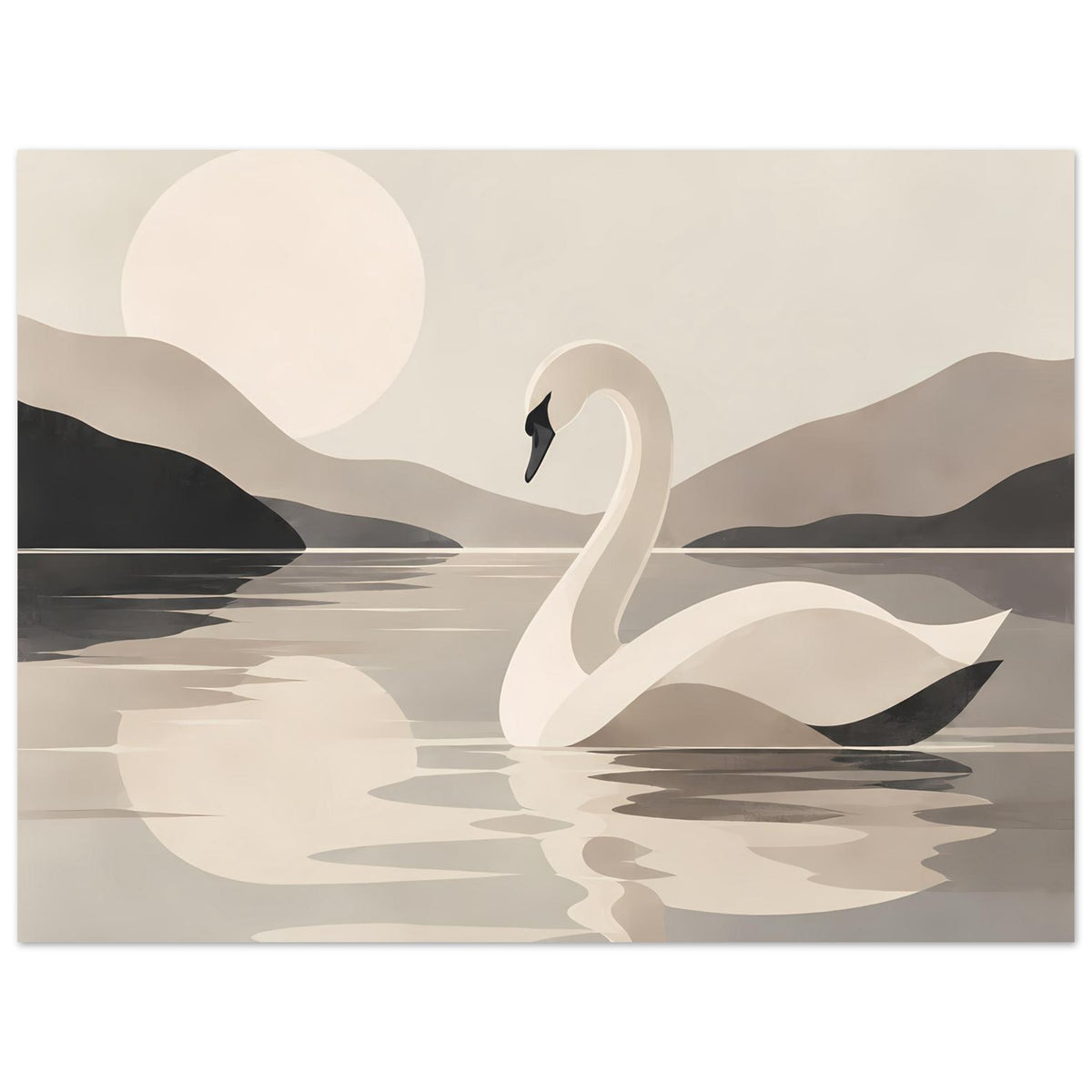 Kunstposter mit Schwan und Wasseroberfläche, abstrakte Hügel und Streifen