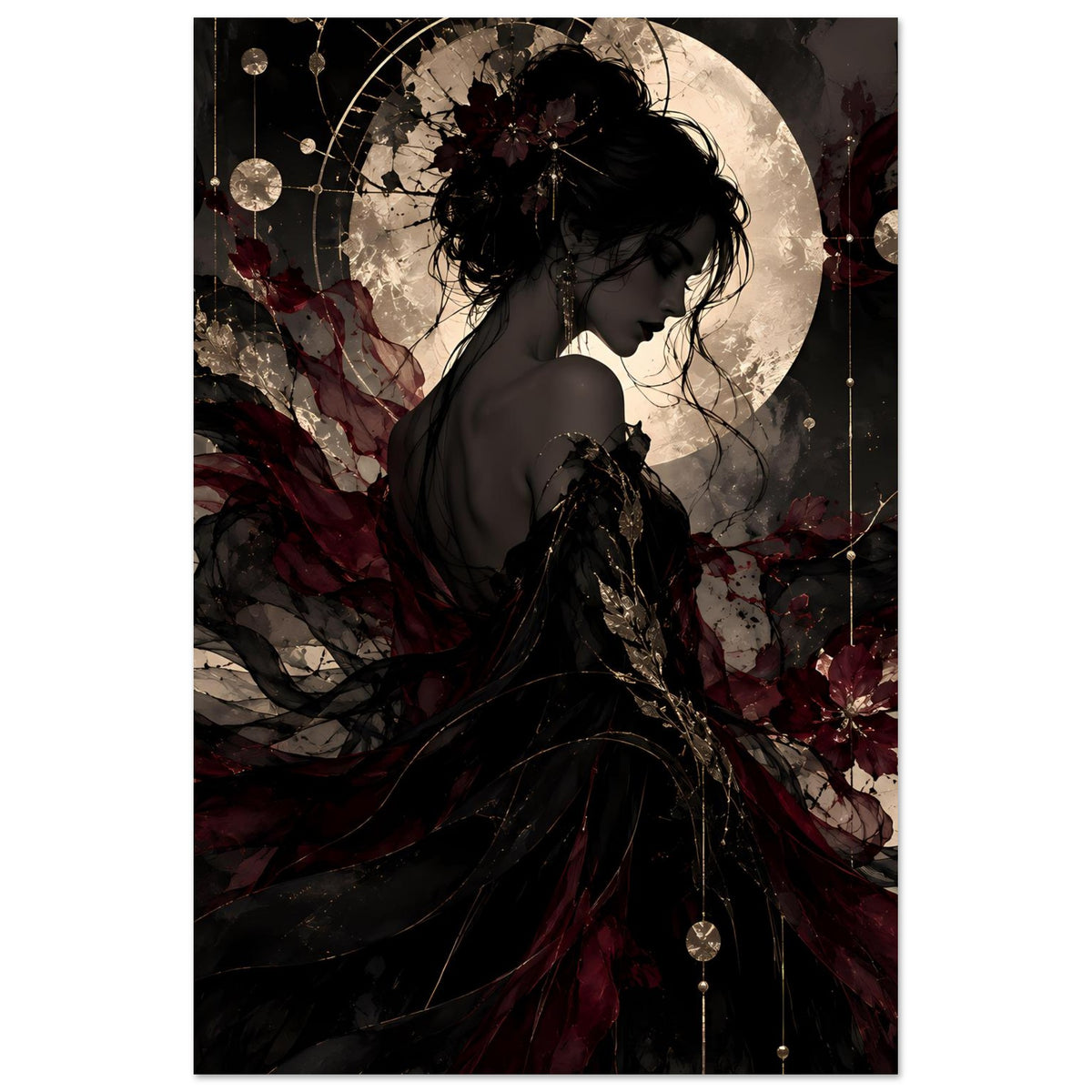 Vertikales Poster mit Porträtfrau im schwarzen Gewand, großer Mond, Kettenlichter und Blumen