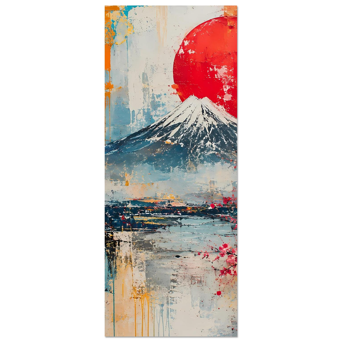 Vertikales Poster: Fuji unter roter Sonnenscheibe, Kirschblüten am rechten Bildrand