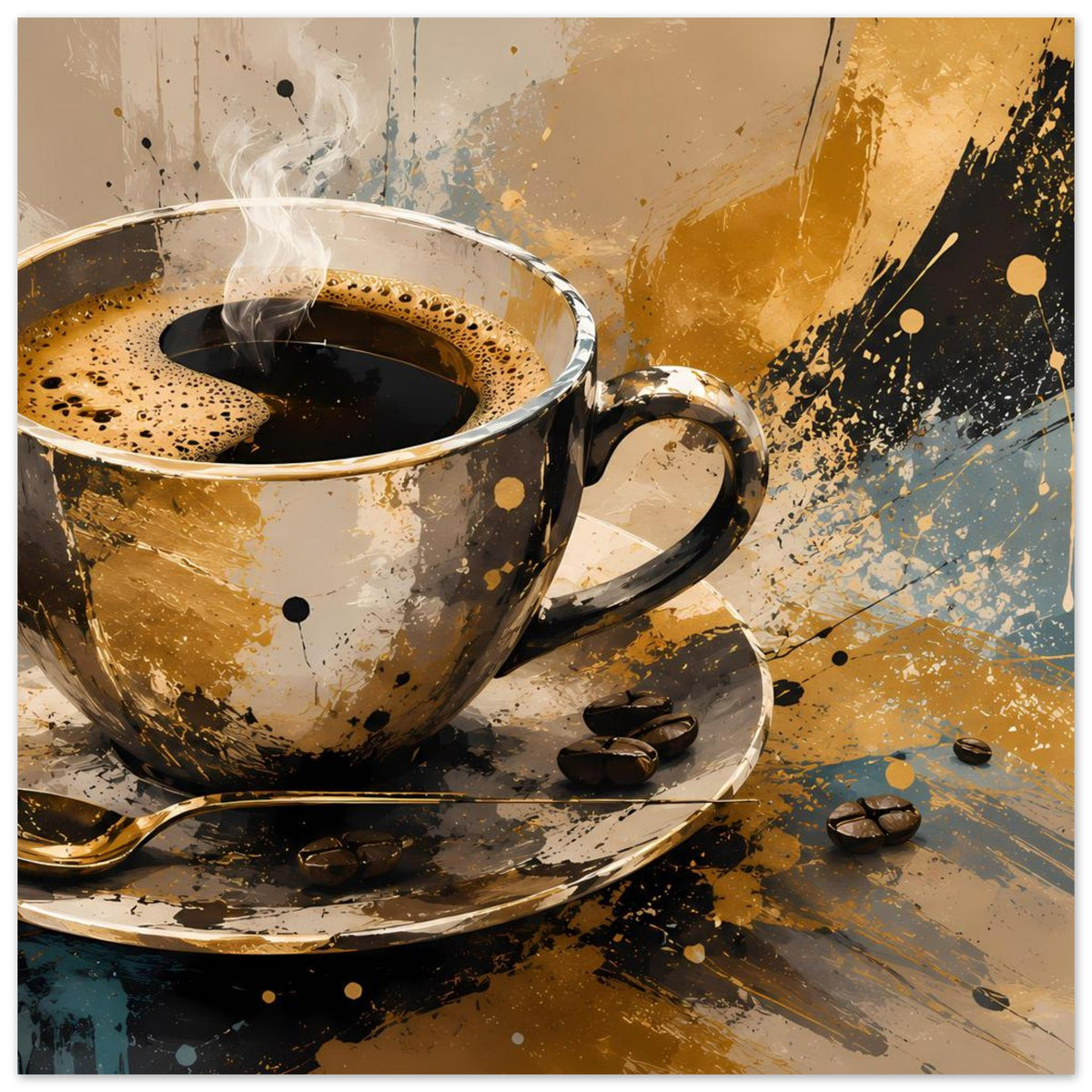 Kunstposter mit Kaffeetasse und Untertasse, dampfender dunkler Kaffee, Kaffeebohnen im Vordergrund