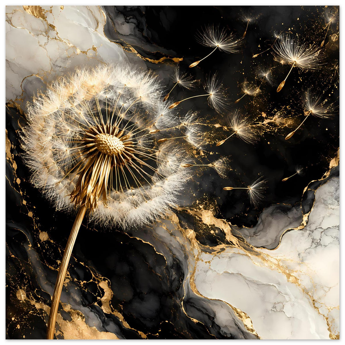 Dandelion-Poster: Pusteblume mit goldener Mitte, schwarze Sternelemente, goldene Akzente auf Marmor