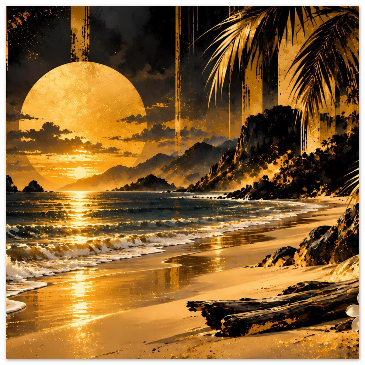 Strandposter mit tropischer Küste, Palmenblättern rechts und goldenen Reflexen im Wasser