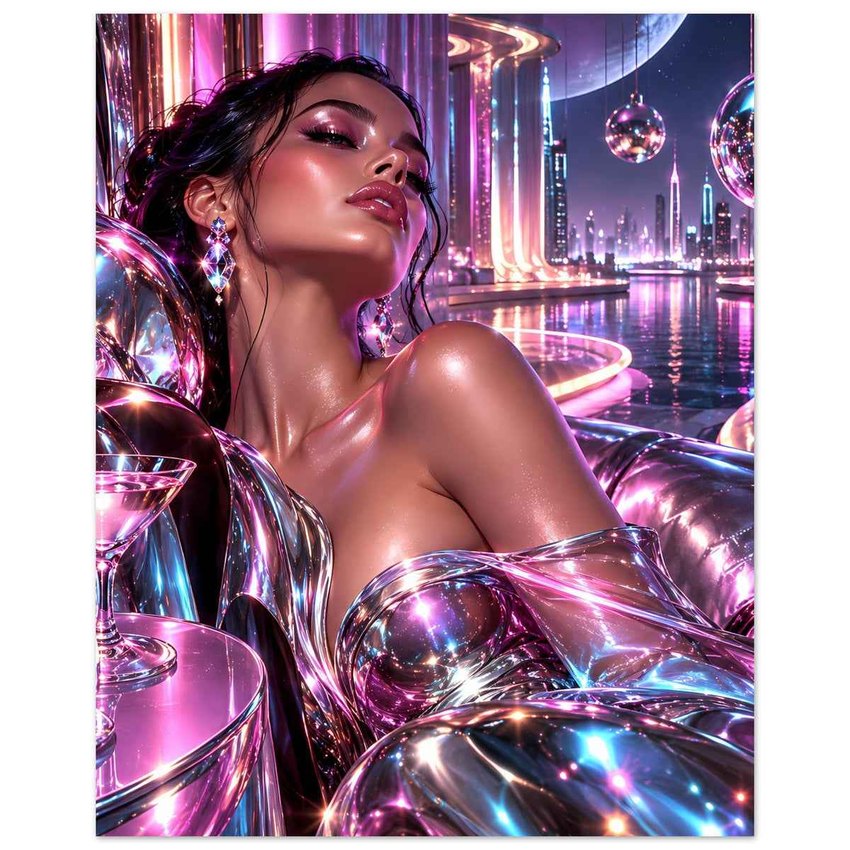 Neon-Glitzerposter: Frau mit funkelndem Ohrring, violett-rosa Schein und futuristische Skyline