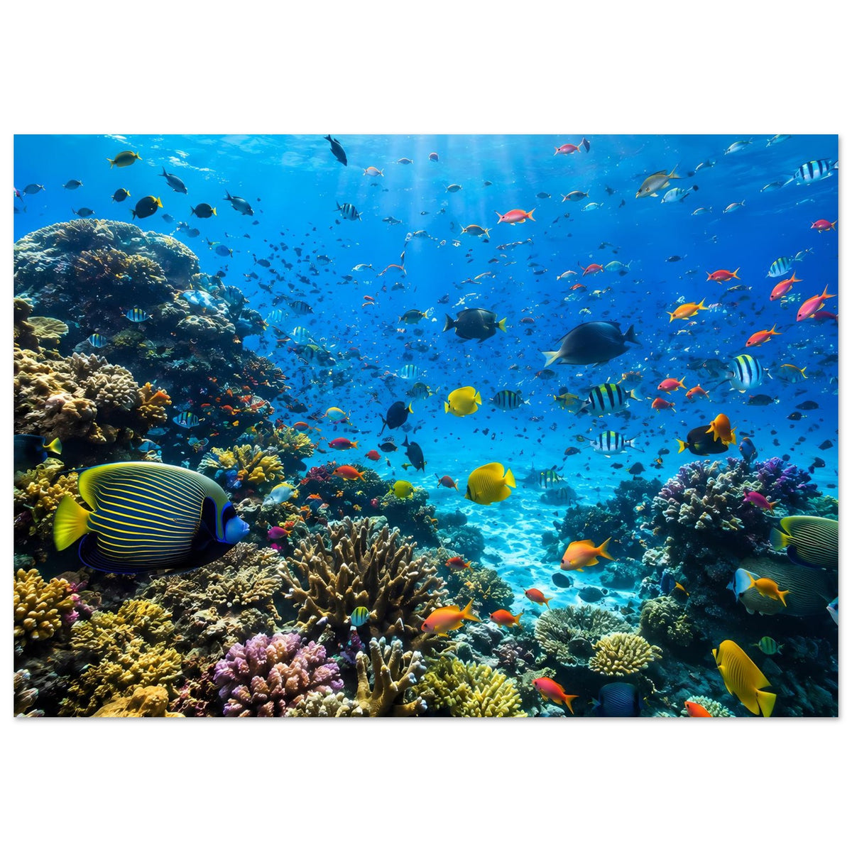 Korallenriff-Poster im Querformat: tropische Fische über dem Korallenriff im blauen Meer.