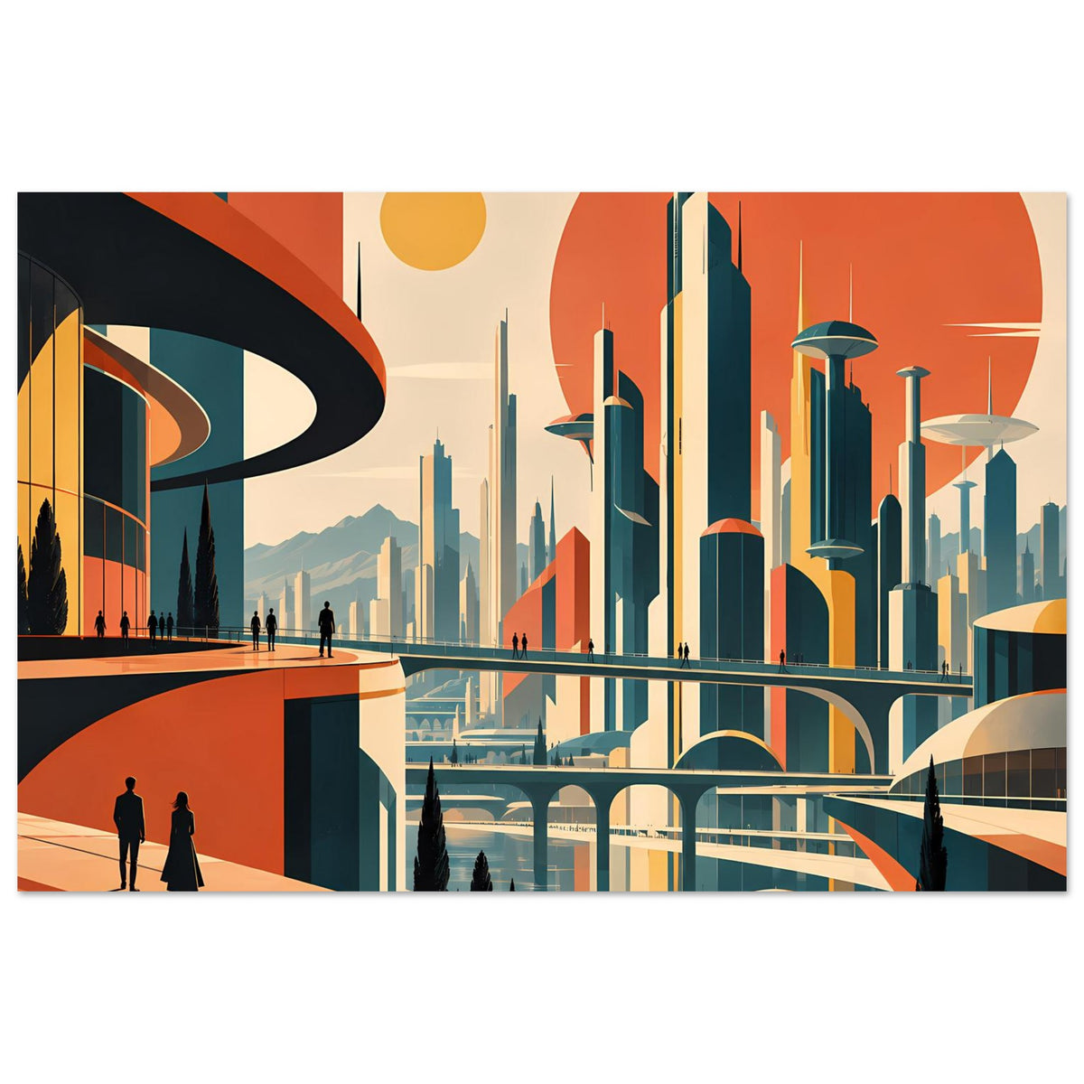Retro-Stadtposter im Querformat: stilisierte Türme, geschwungene Fahrwege und orangefarbener Himmel