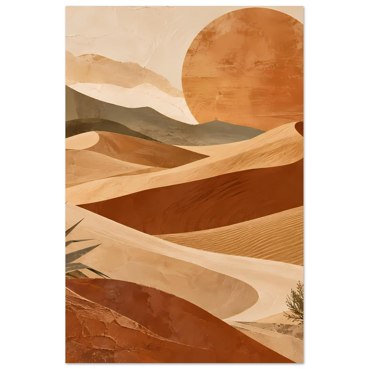 Vertikales Wüstenlandschaft-Poster: Sanddünen, großer orangefarbener Sonnenkreis und Büsche unten