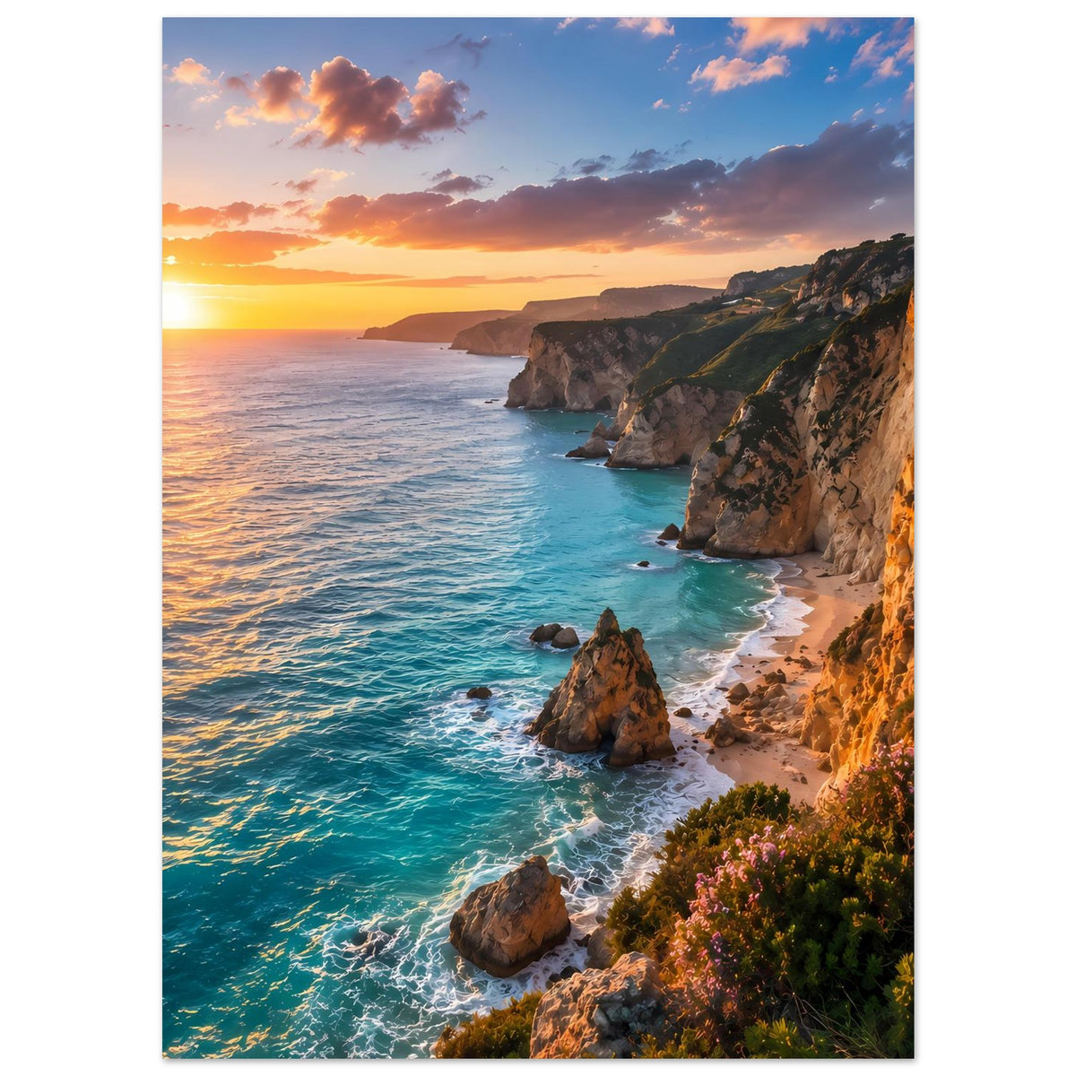 Poster im Hochformat: Sonnenuntergang über dem Meer, Küstenhänge mit Sträuchern und Felsen