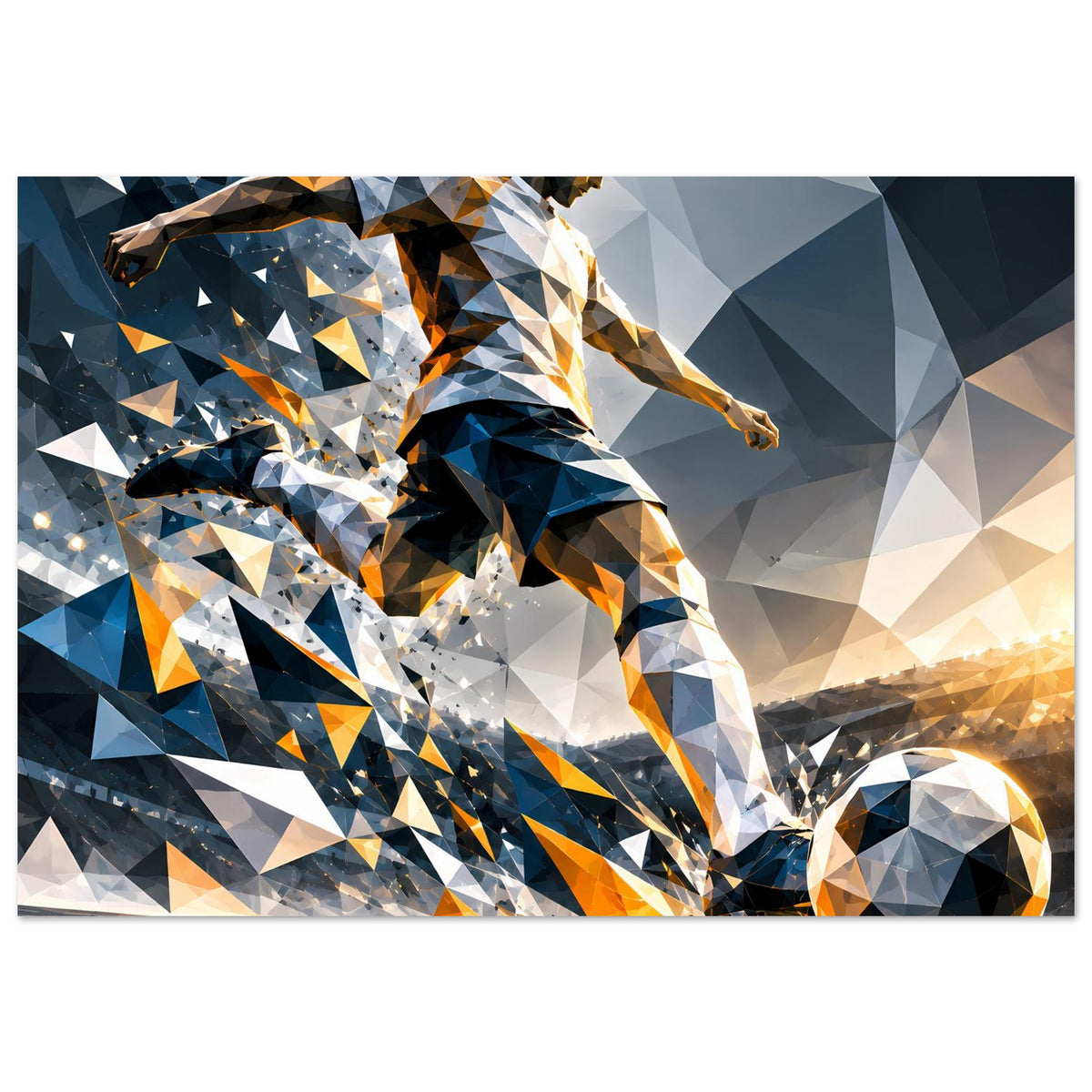 Fußballposter mit abstraktem Spieler in Blau und Orange, ballbetonte Low-Poly-Grafik
