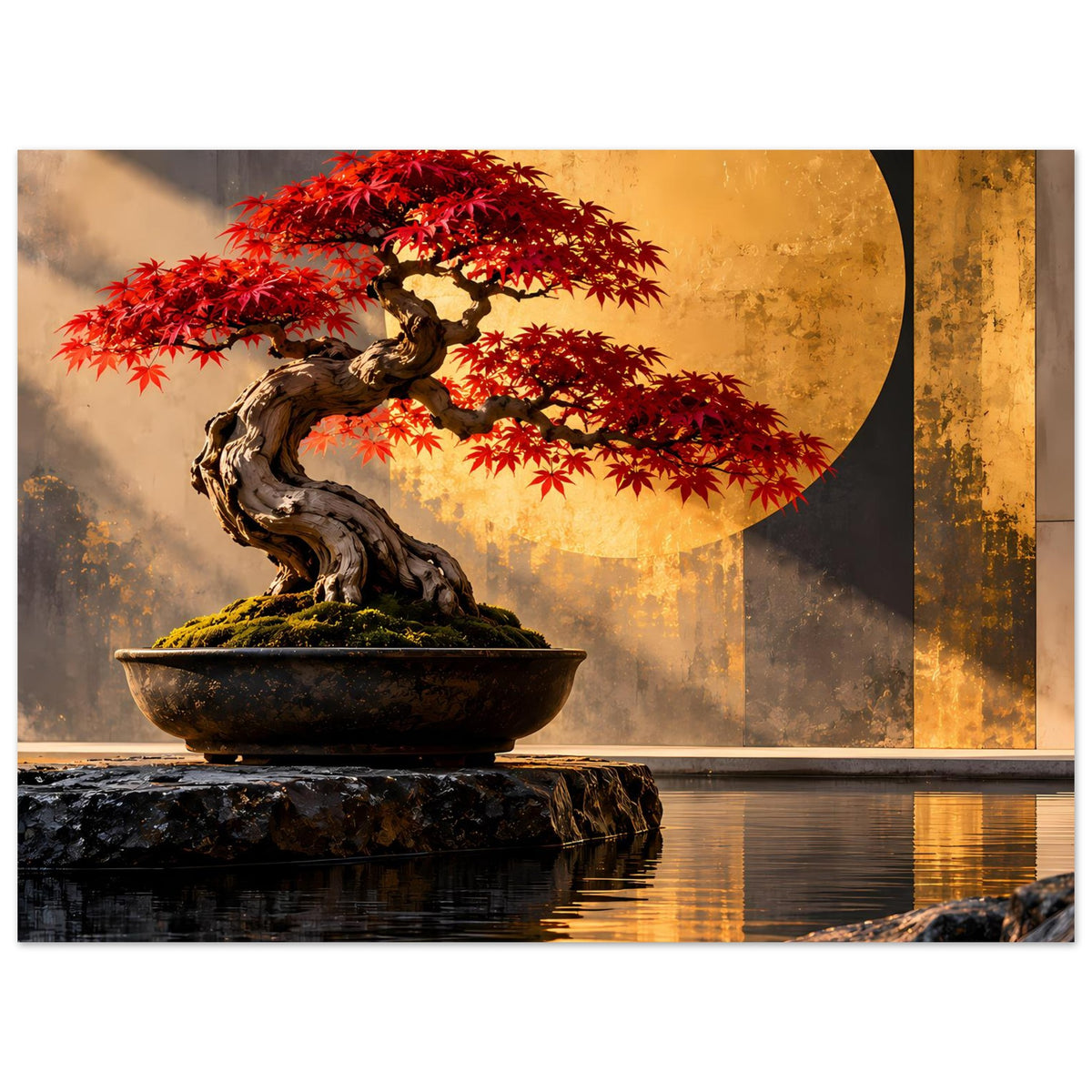 Rotahorn-Bonsai-Poster mit roter Krone, dunklem Stamm und Schale, gelbe Kreisform, Wasserrand