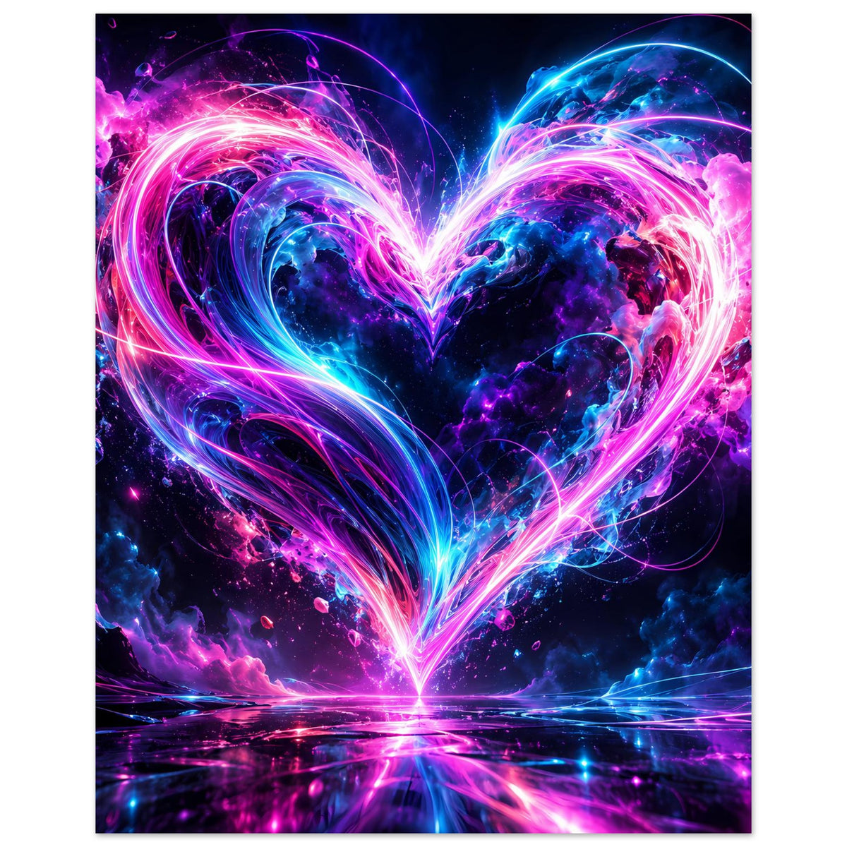 Kunstposter mit leuchtendem Neon-Herz in Pink und Blau, dynamische Lichtbahnen