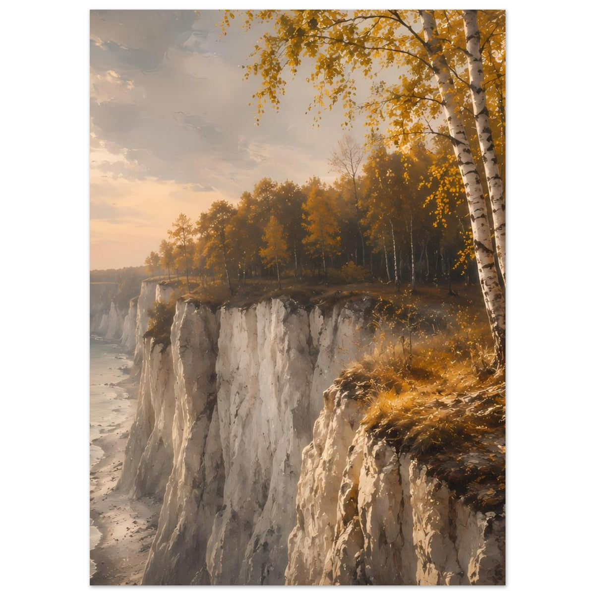 Matte Poster, vertikal: Küstenklippe mit Birken und herbstlich gefärbten Blättern
