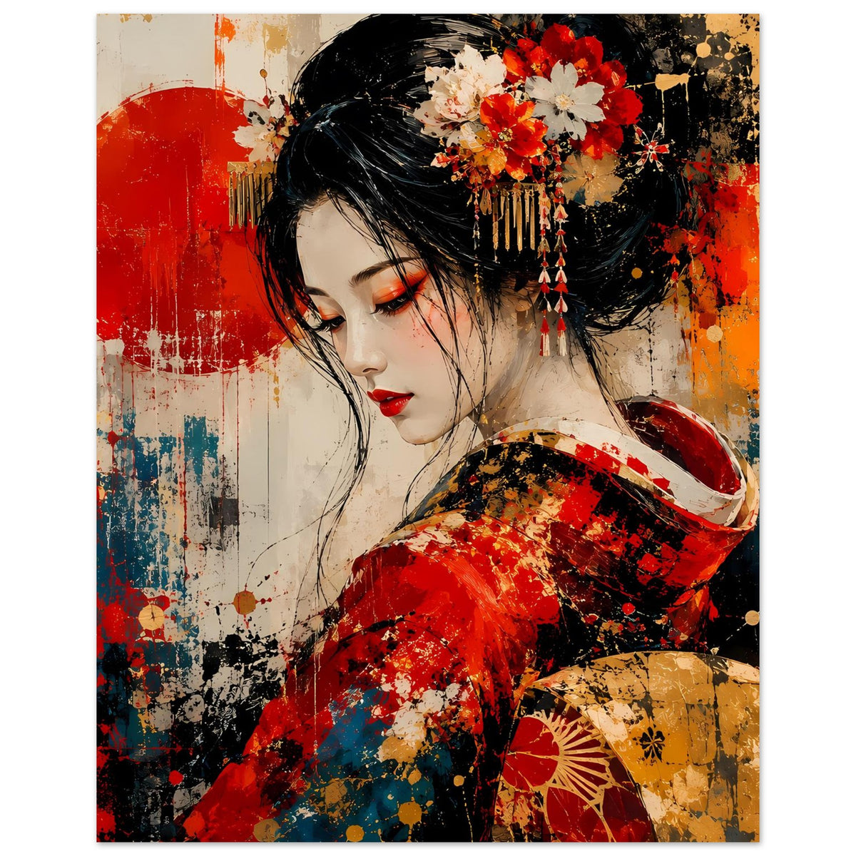 Poster: japanische Geisha im roten Kimono mit goldenen Akzenten, schwarze Haare, Blumen- Haarkamm