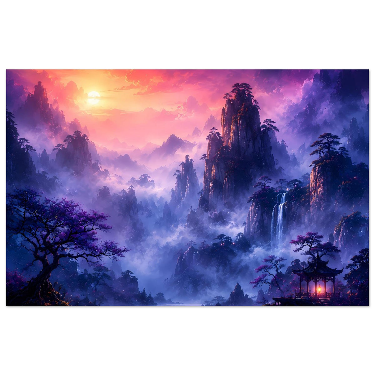Fantasy-Poster im Querformat: neblige Berge, See und Wasserfall mit warmem Licht