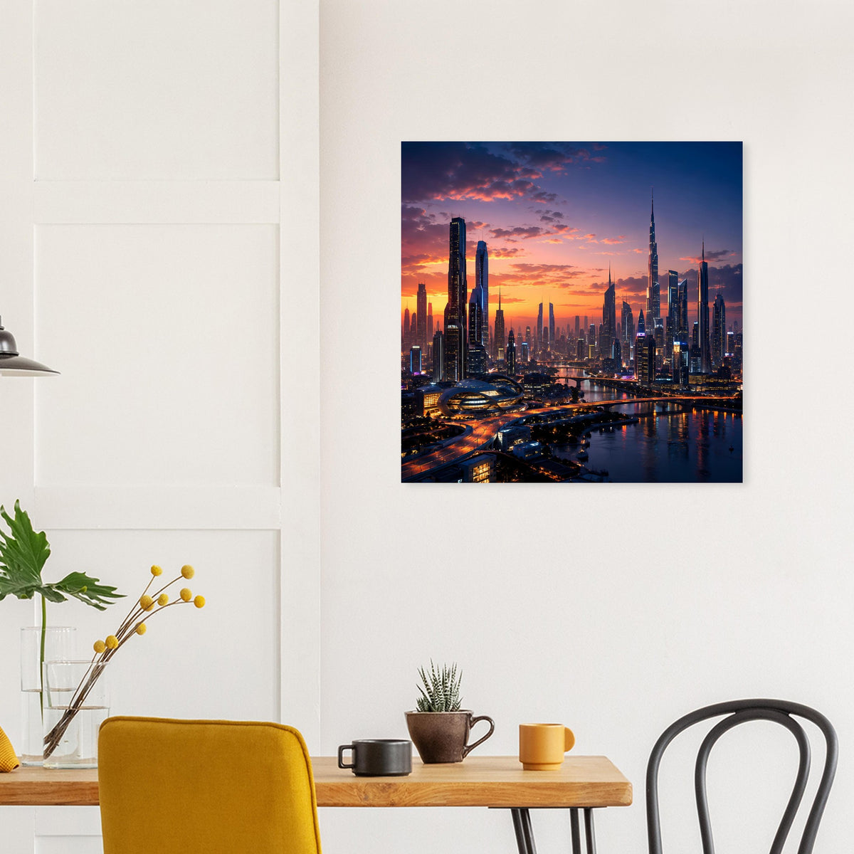 Quadratisches Poster mit Skyline im Abendrot, beleuchtete Türme entlang eines Flusses.