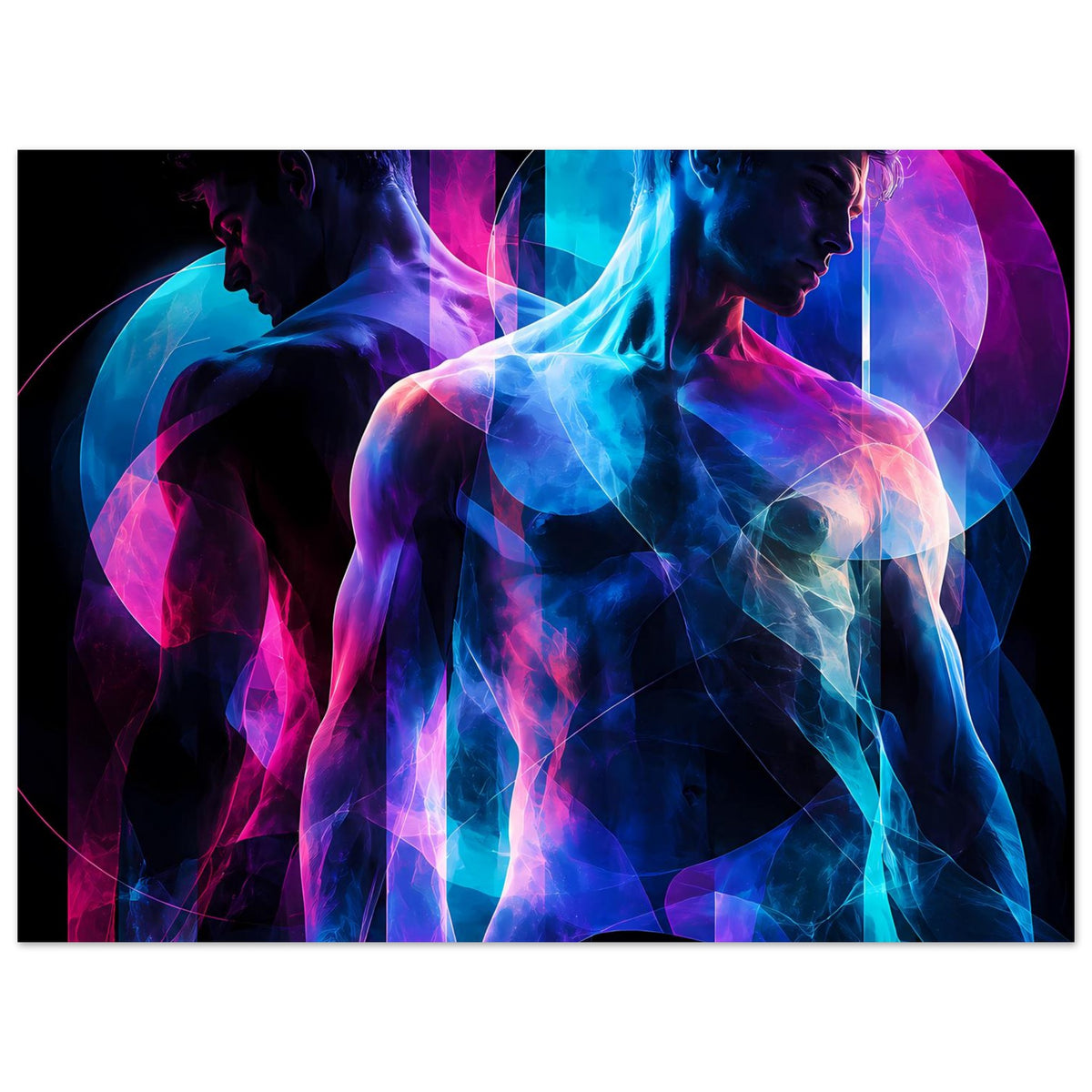 Kunstposter mit futuristischen Neon-Silhouetten in Blau und Pink, Querformat, mittig zugeschnitten